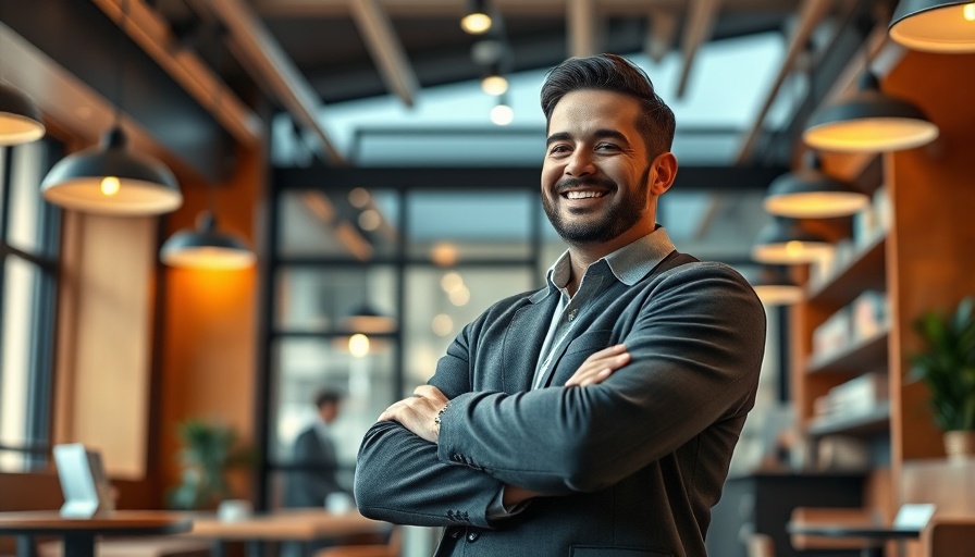 Confident man in modern cafe representing restaurant franchise opportunities.