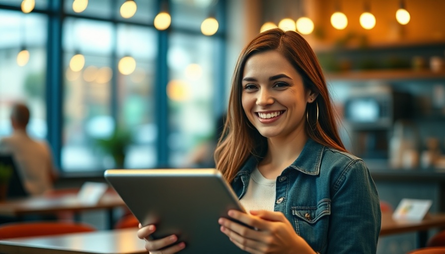 Young woman holding tablet in café, marketing on a budget for small franchises.