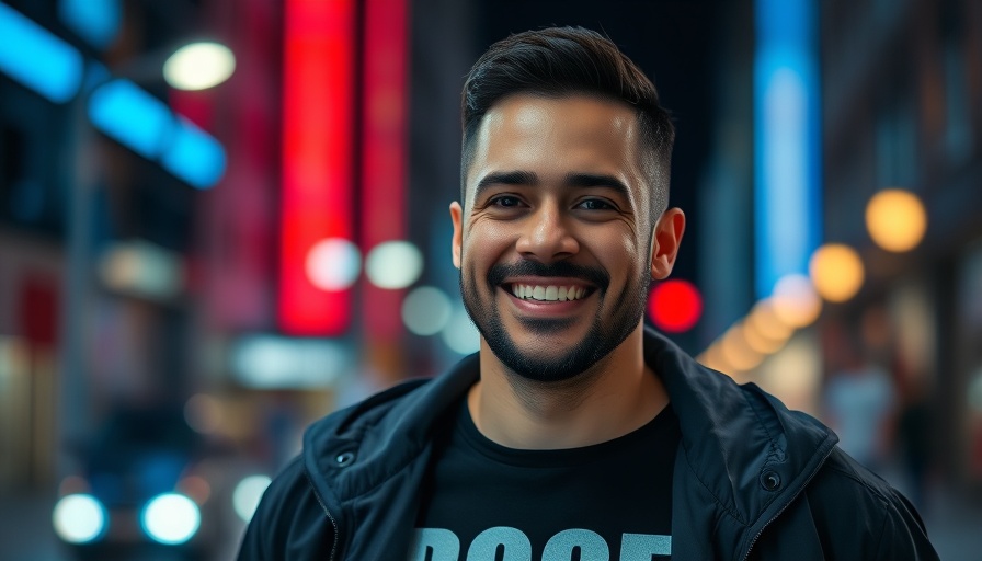 Man in DOGE shirt highlighting influence in a vibrant urban setting.