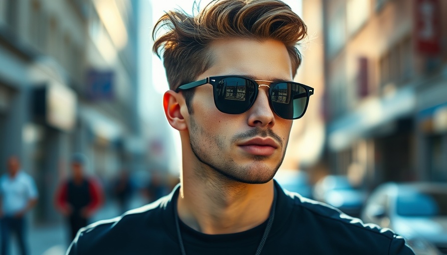 Modern man wearing stylish sunglasses against urban backdrop