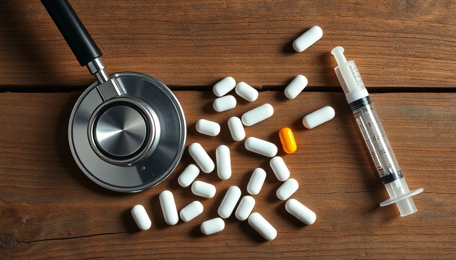 Opioid Crisis Declaration: Medical symbols and pills on wood.