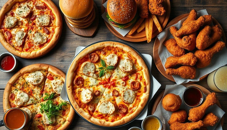 Various high-fat foods like pizza and burgers on wooden table.