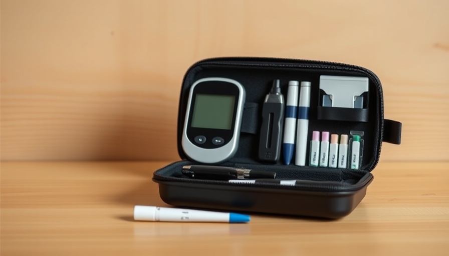 Compact glucose monitor kit with test strips for diabetes management.