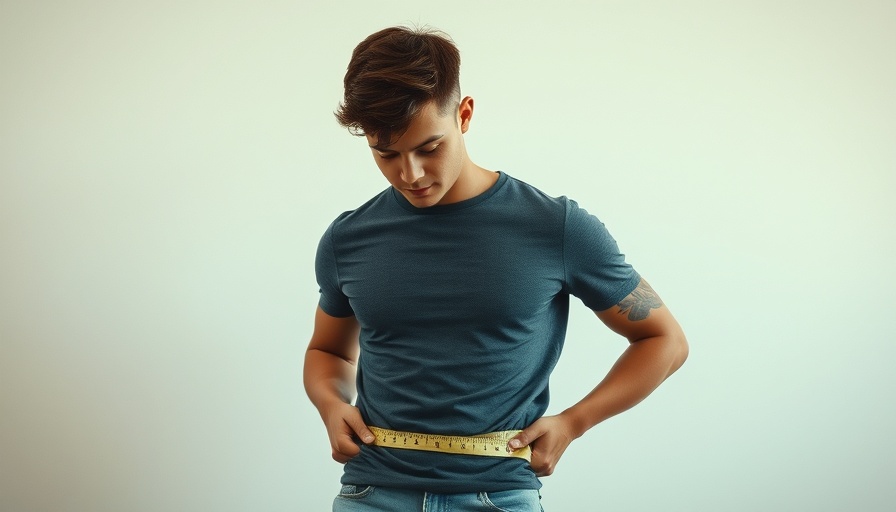 Young man measuring waist, related to cancer risk.