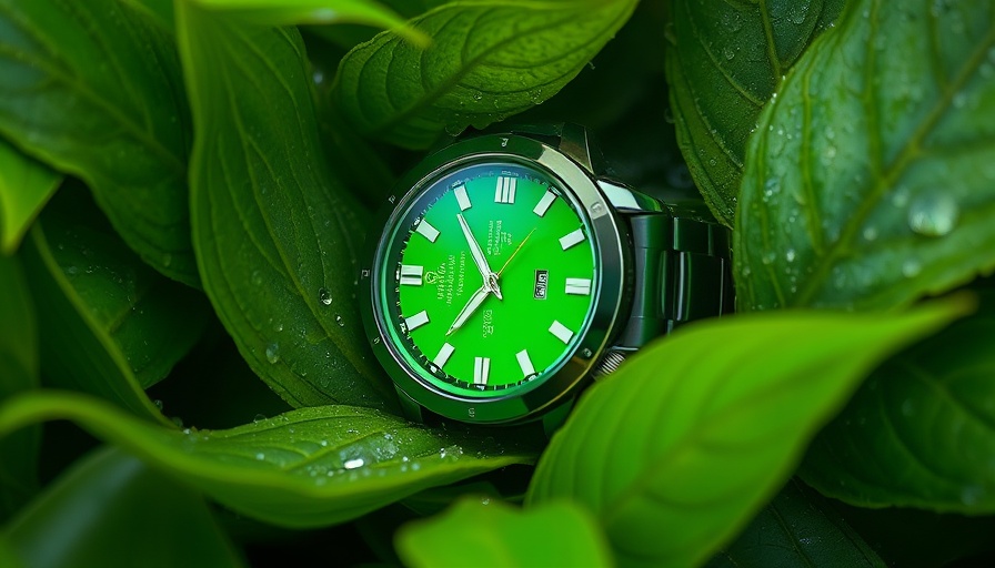 Cauny Ando watch on leafy background, highlighting green design.