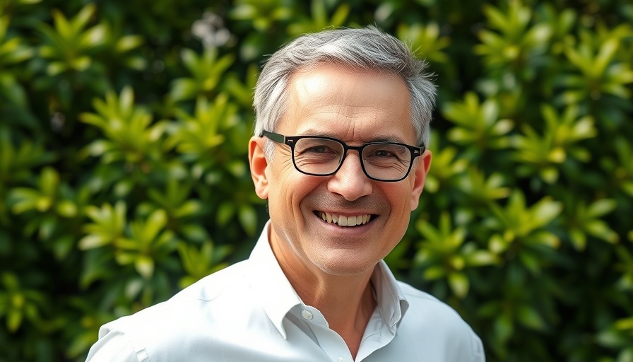 Mature man smiling confidently outdoors with lush foliage