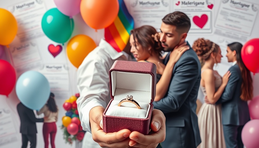 Vibrant collage celebrating LGBTQ+ marriages with symbols of love and diversity.
