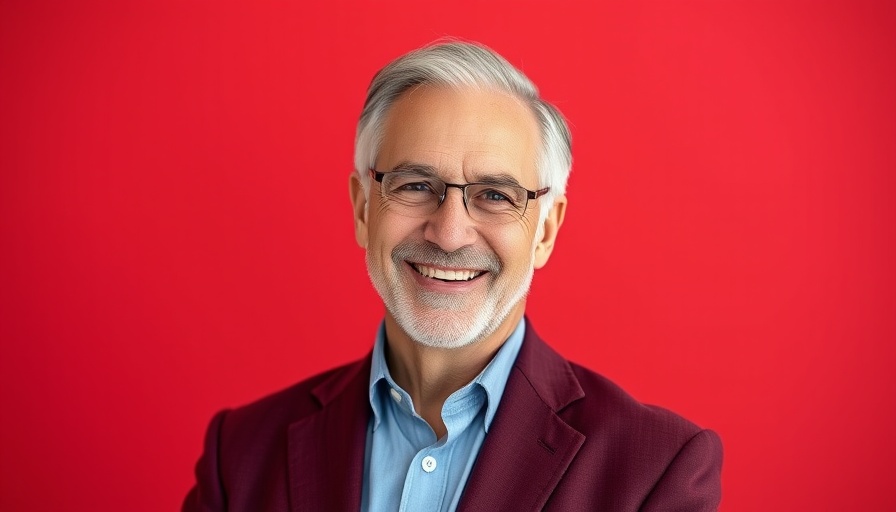 Confident man in maroon blazer smiling on red background.