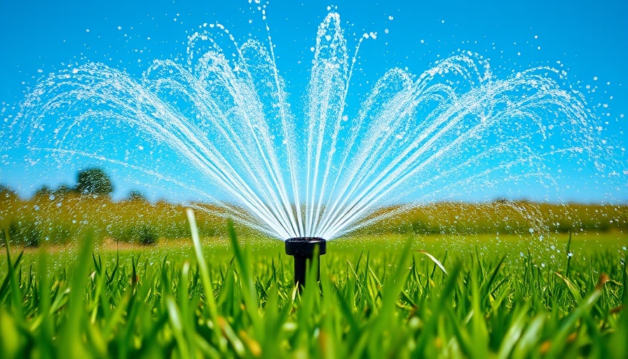 Sprinkler watering lush green grass, dynamic water splashes, vibrant daytime.