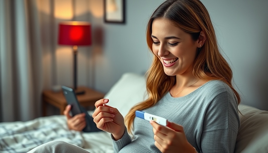 Happy woman with pregnancy test, relating to PKU awareness.
