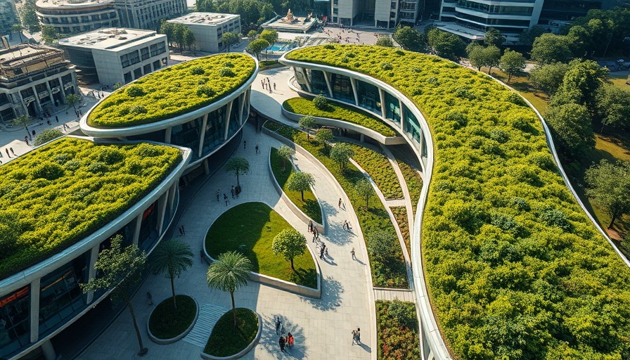 Futuristic urban architecture with green roofs in Hong Kong.