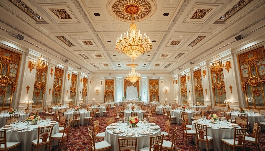 Luxurious ballroom with elegant tables and chandeliers.