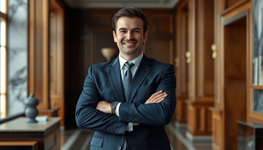 Confident businessman in a formal office setting, related to buying businesses from boomers.