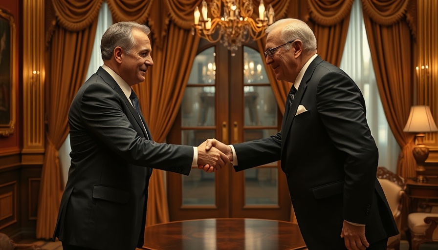 Diplomatic meeting handshake in formal setting.