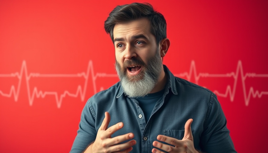 Casual man gesturing against ECG background suggests stress themes.