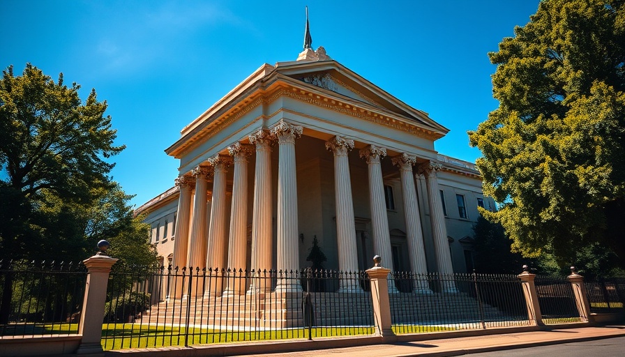 Neoclassical building under clear sky, detailed shadows.