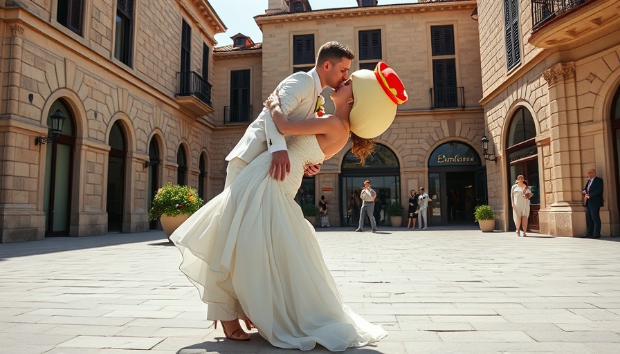 Mayo brand wedding scene with mascot at outdoor plaza.