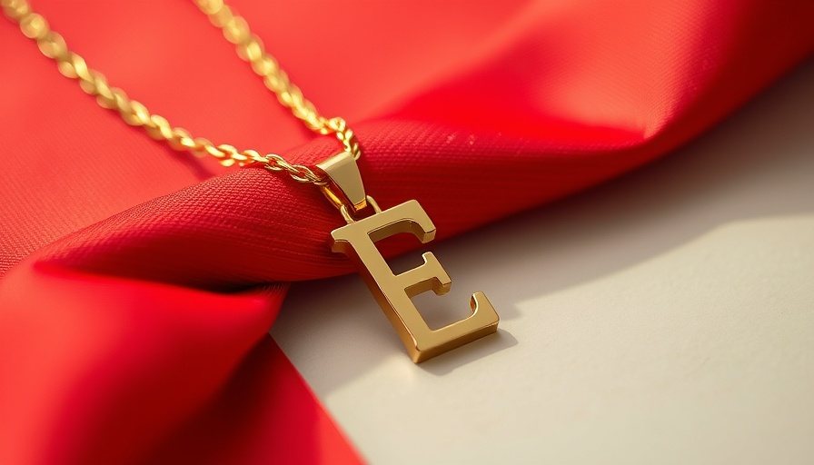 Gold initial jewelry necklace beside red fabric, highlighting 'E'.