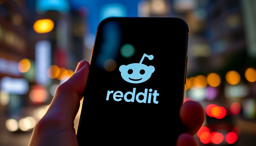 Smartphone showing Reddit logo, vibrant city bokeh background.