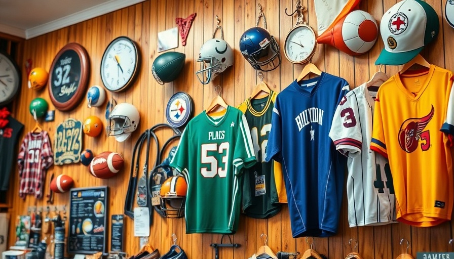 Hanging sports memorabilia display highlighting sports and food culture.