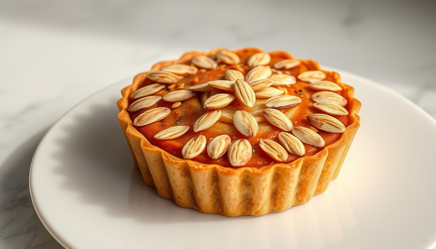 Delicious almond tart on a plate with linen napkin and utensils.