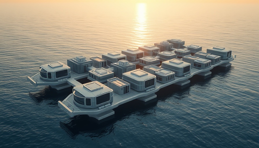 Futuristic floating housing for digital nomads on serene ocean waters.