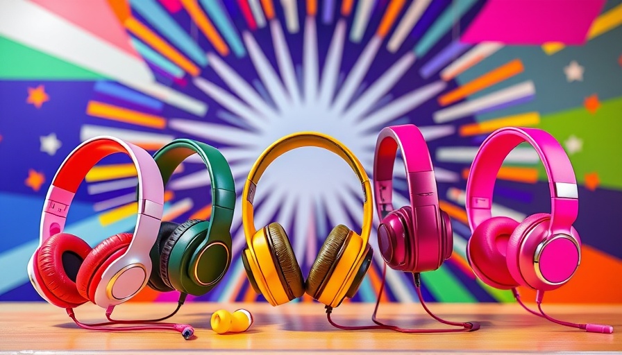 Colorful headphones and earbuds on vibrant background for Labor Day sales.