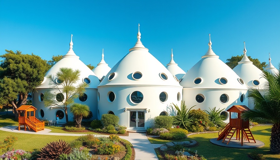 Pointed-dome classrooms in Dubai with garden and wooden structures.