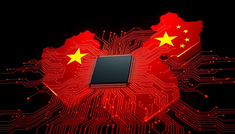 Stylized image of China's AI chip production with circuit and flag elements.