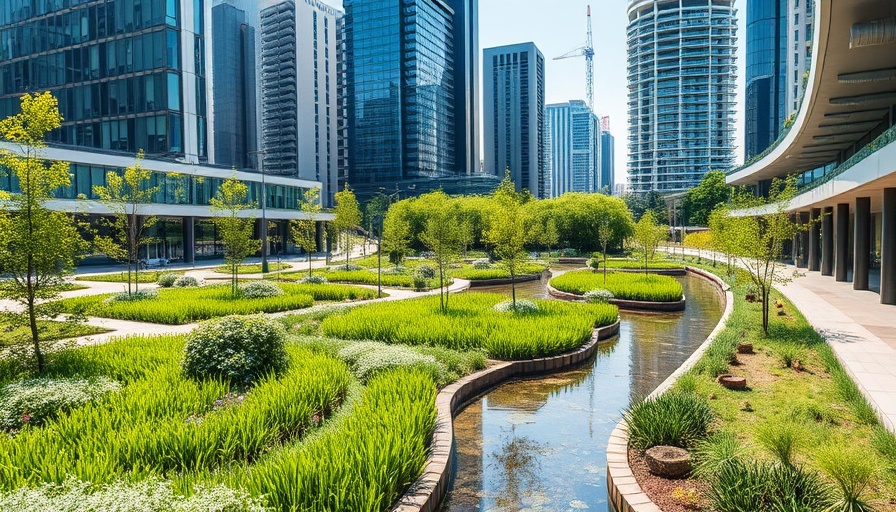 Flood resilient urban design in a modern park with green spaces.