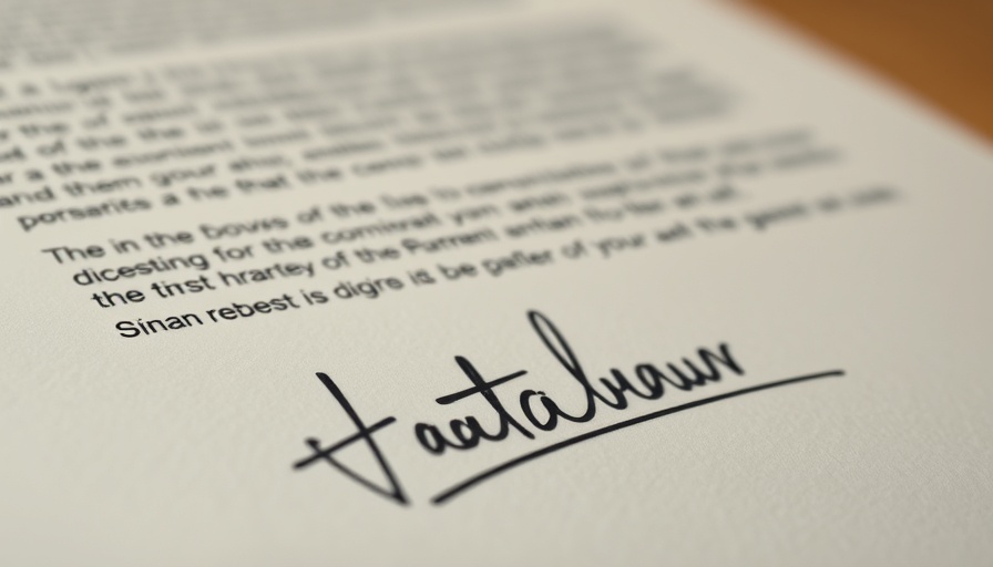 Close-up of a document featuring a bold signature, blurry text.