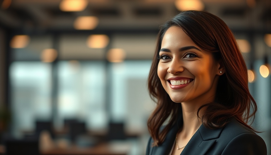 Corporate profile of a smiling businesswoman, emphasizing marketing leadership.