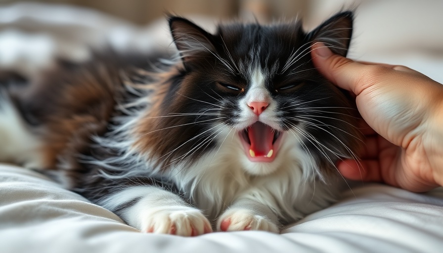 Fluffy cat being petted, possibly showing stress, natural lighting.