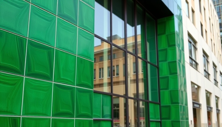 Modern building with PVC recycled tiles facade and large windows.