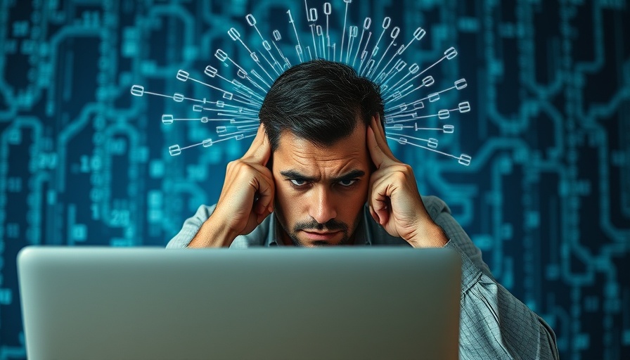 Stressed man overwhelmed by digital code at computer