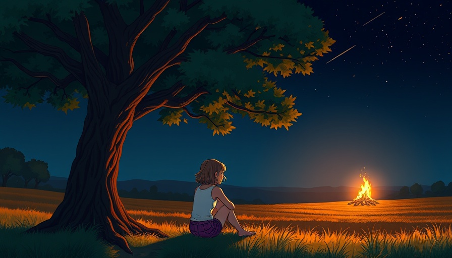 Letting go of revenge: pensive woman under a tree at night near a fire.