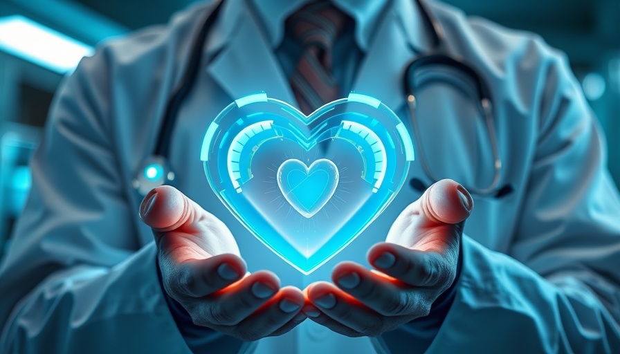 Doctor embracing digital healthcare with holographic heart.