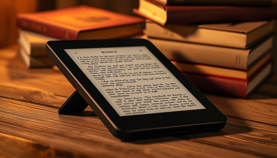 Kindle displaying text with books in the background, highlighting its use.