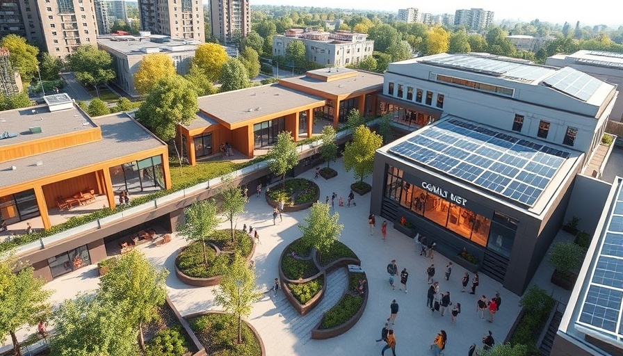 A modern community center complex addressing social issues in an urban landscape, featuring solar panels and green spaces.