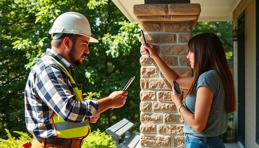 Contractor and client examining a stone column on a porch, Preserve Services franchises multiple revenue streams.