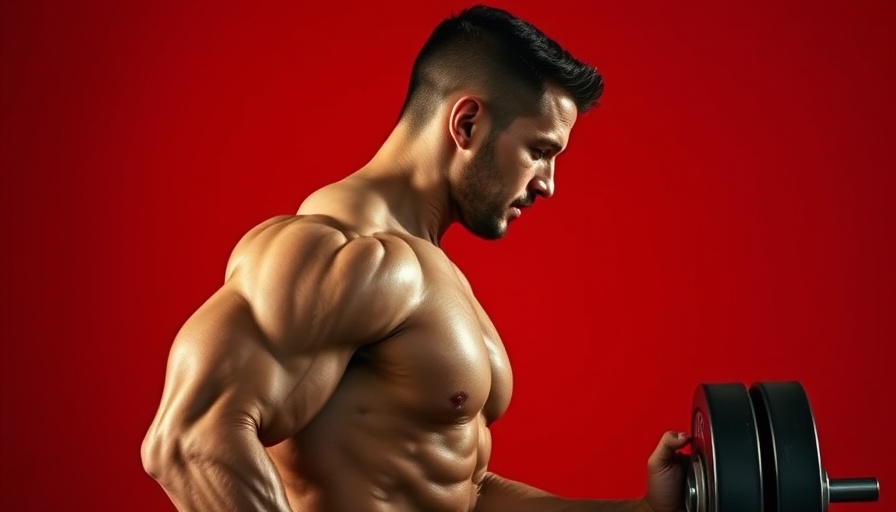 Man demonstrating landmine press exercise benefits on red background.