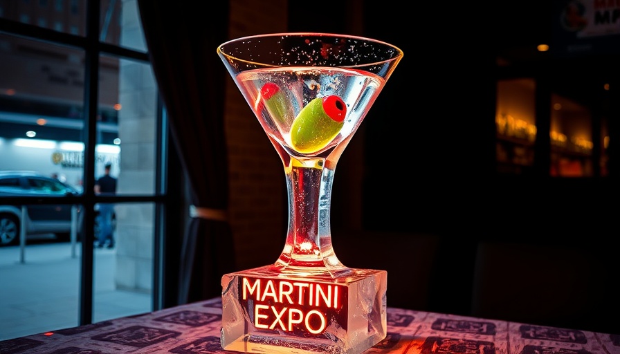 Ice sculpture martini glass at Martini Expo, neon lights