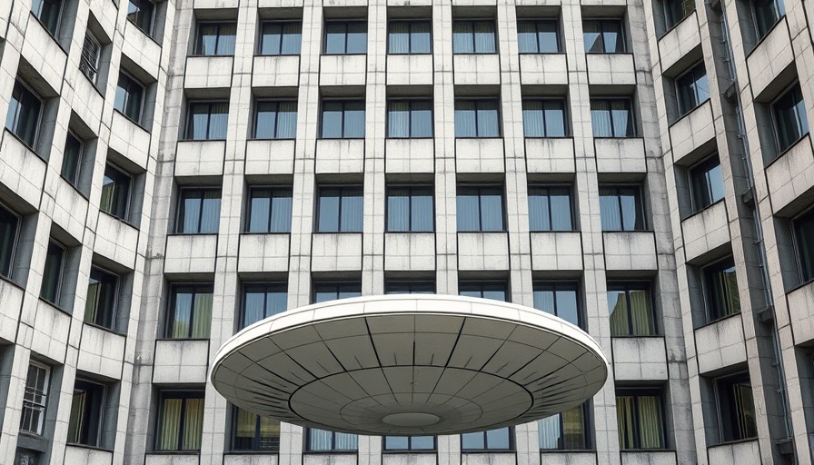 Brutalist facade with UFO structure exemplifying Democracy in Design Act.