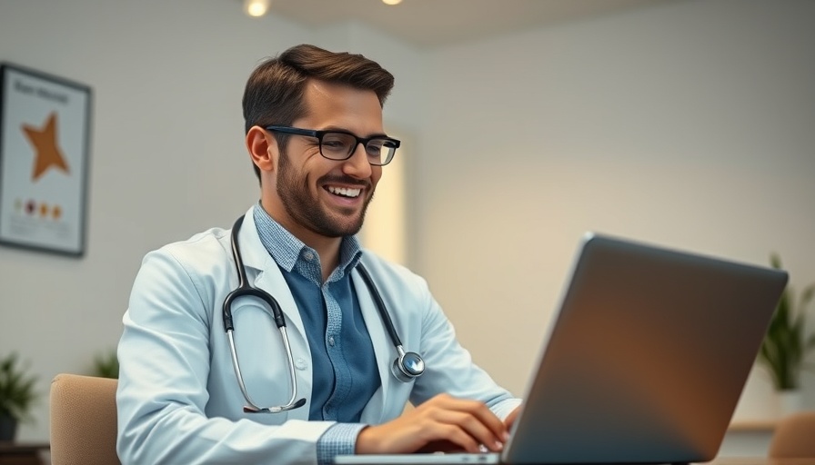 Smiling doctor reads online reviews, showcasing power of online patient reviews.