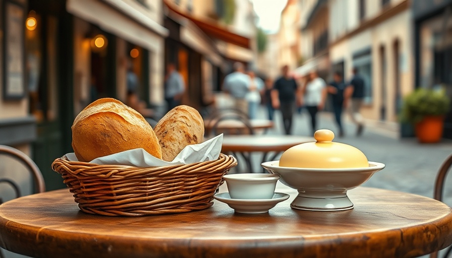 Charming street dining setup in Lisbon with bread and butter on a table.