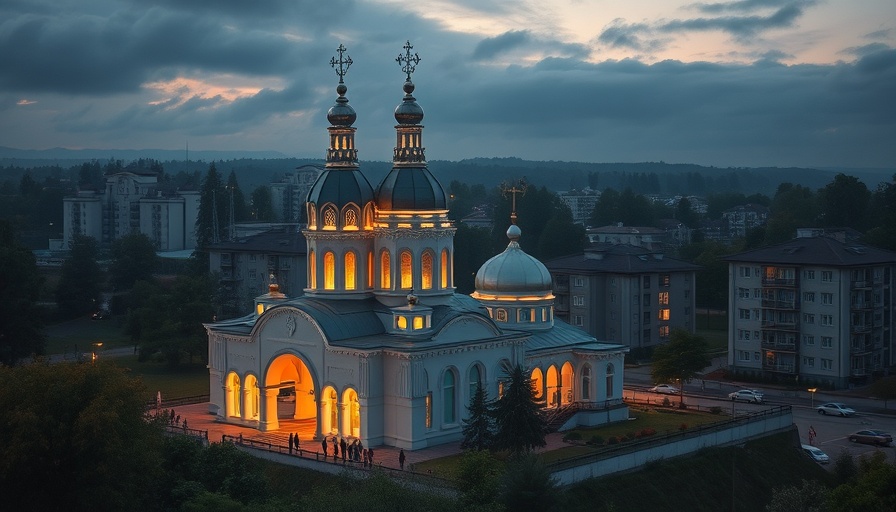 Modern Ukrainian church with community air raid shelter at twilight.