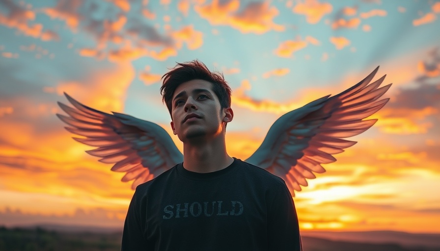 Grieving and releasing unmet expectations: A man releases 'SHOULD' with wings against a sunset.
