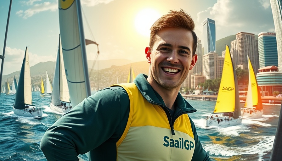 SailGP racer smiling with sailboats and city backdrop.