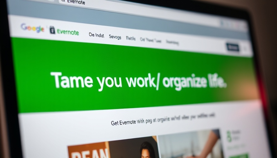 Close-up of Evernote homepage on computer screen, highlighting digital organization message.