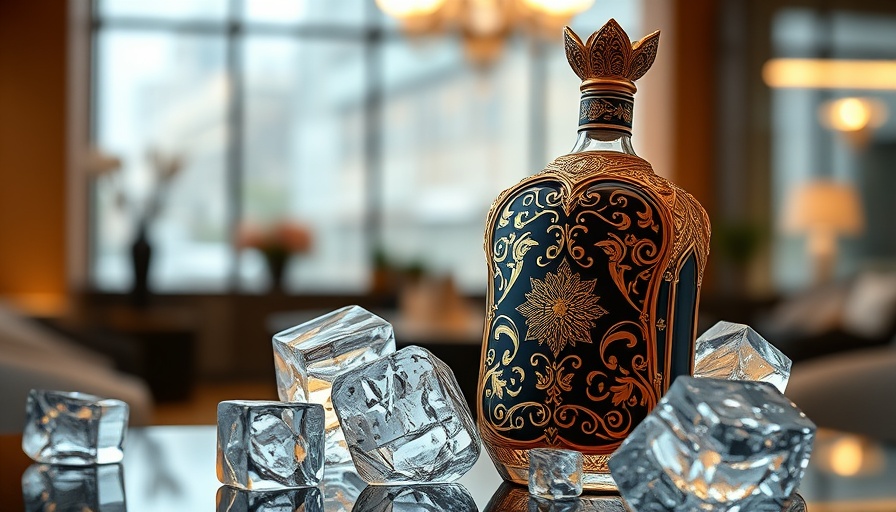 Artistic spirit bottle in gold and black surrounded by ice sculptures, unique design.